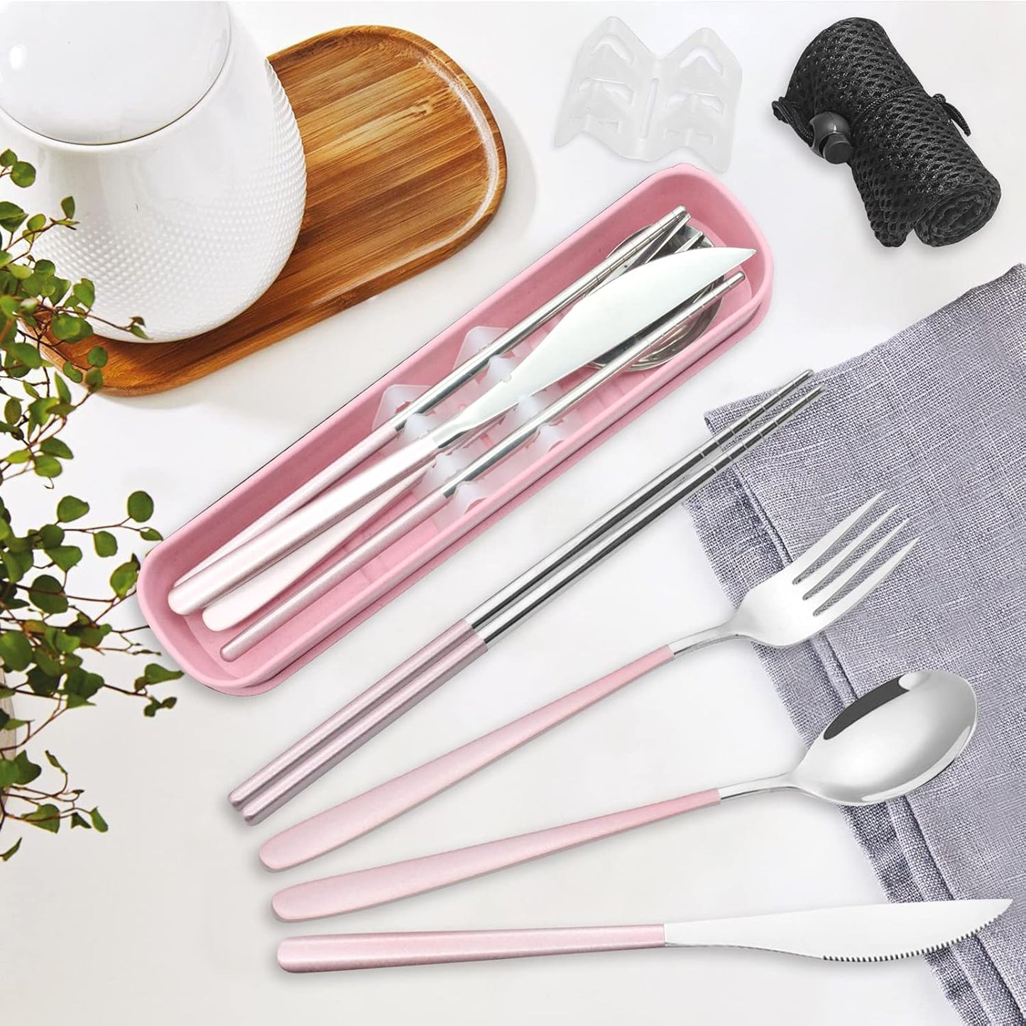 Black Portable Flatware Cutlery Set, TWUTGAYW Stainless Steel Travel Utensils with Case, Reusable Chopsticks Knife Spoons and Forks Set, Gold Camping Utensils Set for Lunch, Office, School, Picnic
