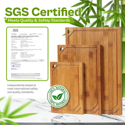 Bamboo Cutting Board Set of 3 for Kitchen, Reversible Bamboo Cutting Boards with Juice Groove & Hidden Handles, 3 Sizes for Meal Prep, Chopping, Serving & Everyday Cooking, Natural Bamboo