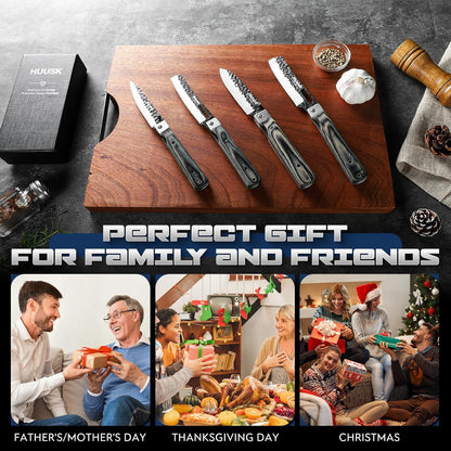 Huusk Folding Chef Knife Set - Japanese Hand Forged Pocket Knife Set - Including Nakiri, Santoku, Bread and Fruit Knives - Gifts for Men and Women