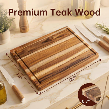 THETCHRY Teak Wood Cutting Boards for Kitchen, Wooden Cutting Board with Handles, Wooden Chopping Board with Juice Groove, Charcuterie Butcher Block for Meal Prep & Serving, 12.9" x 9.8"