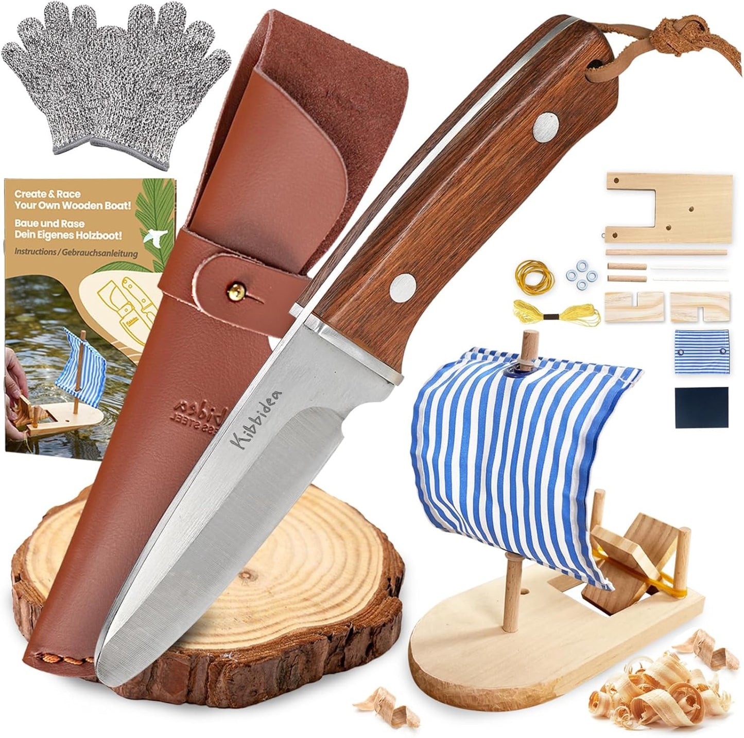 Kibbidea Kids Whittling Knife Set, Safe Kids Wood Carving Knife with Rounded Tip & Sheath, STEM Woodworking Kit with Wooden Boat DIY Project, Beginner Camping Bushcraft Knife for Boys & Girls
