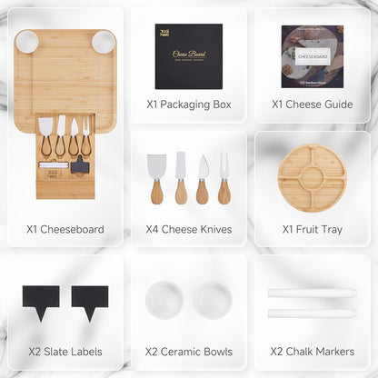 Premium Bamboo Charcuterie Board Set with Hidden Drawer & 4 Cheese Knives - 13x13 Large Cheese Board Serving Tray - Unique Housewarming Gifts for New Home, Wedding & Bridal Shower Gifts for Couples