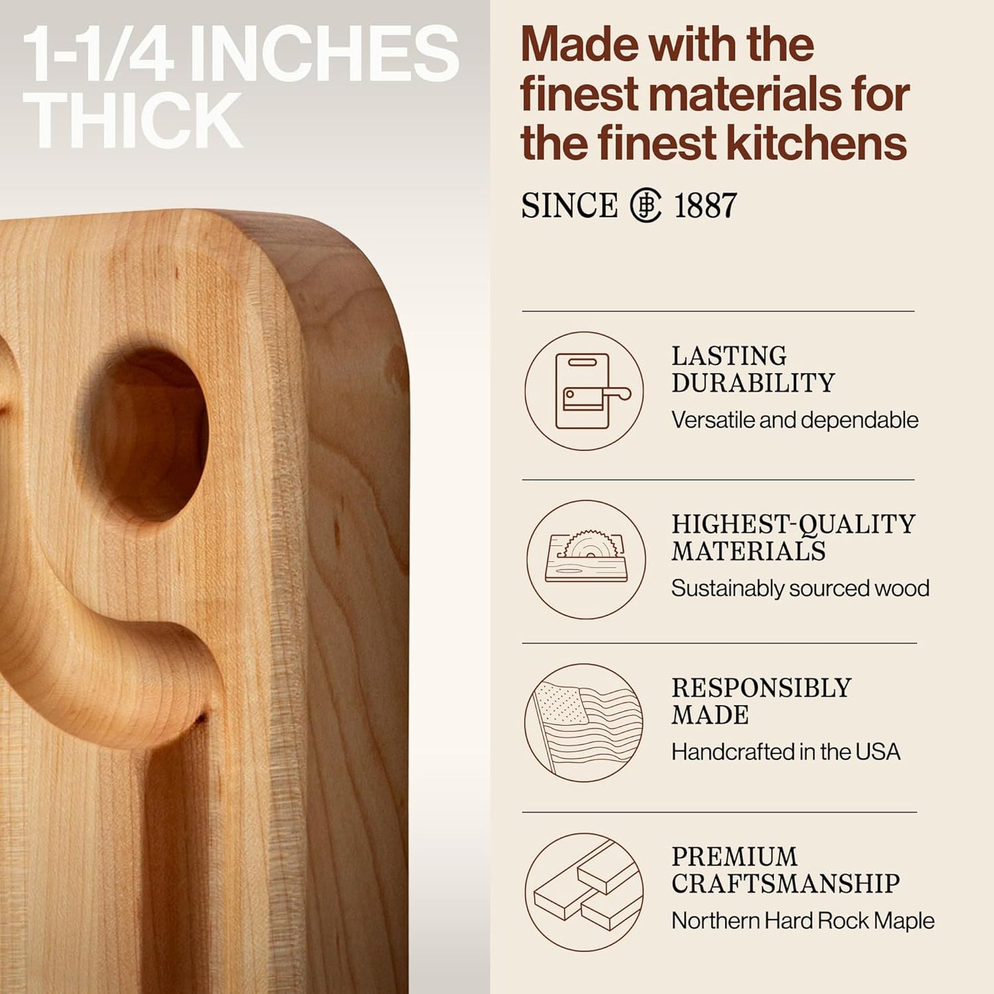John Boos Prestige Series Rectangular Wooden Maple Cutting Board 18”x12” – 1.25” Thick, 8-lb Reversible Butcher Block with Juice Groove, Edge-Grain & Finger Grip Hole – Made in the USA