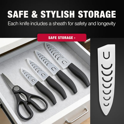 Vos ceramic knives set for kitchen in gift box, 5 ceramic knife with cover with scissors, 3" 4" 5" 6" ultra sharp knives for home cooks, lightweight, rust-free, dishwasher safe (Black handle)