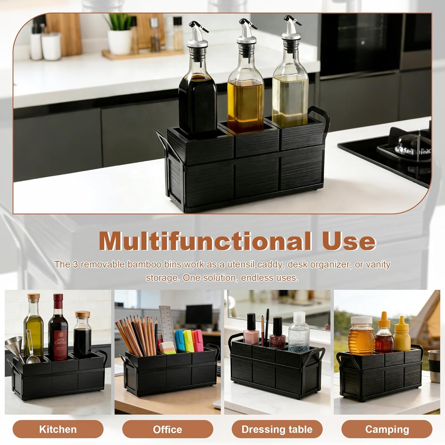 Kitchen Utensil Holder for Countertop, 3 Compartments Wooden Utensils Organizer for Cooking Utensils, Silverware, Spatula, Fork, Knife, Cutlery Storage for Kitchen Counter-White