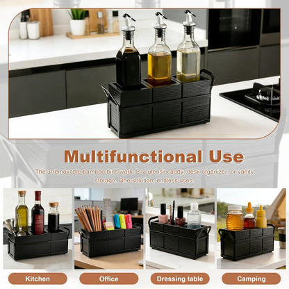 Kitchen Utensil Holder for Countertop, 3 Compartments Wooden Utensils Organizer for Cooking Utensils, Silverware, Spatula, Fork, Knife, Cutlery Storage for Kitchen Counter-White