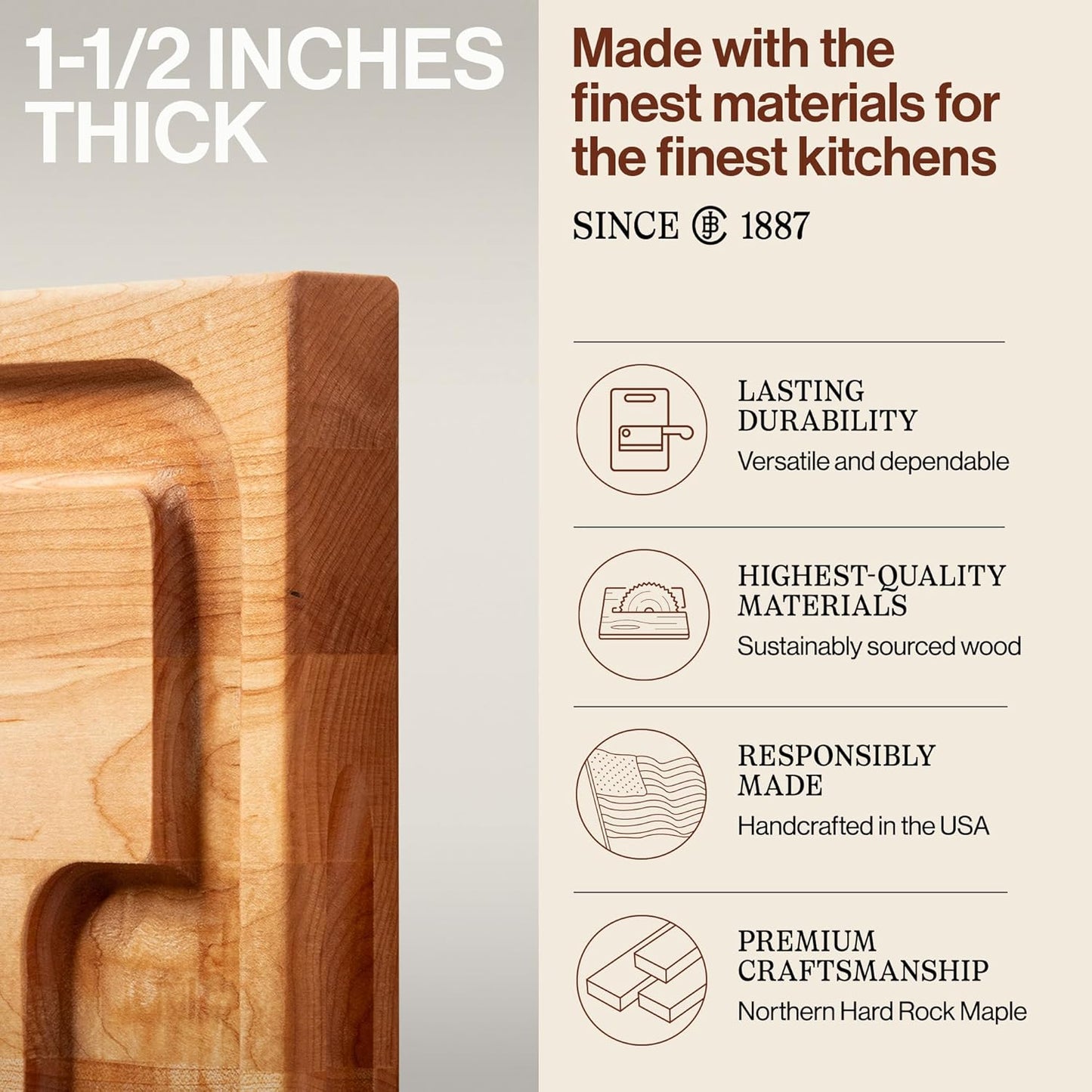 John Boos Aujus Series Rectangular Wooden Maple Cutting Board 20”x15” – 1.5” Thick, 12-lb Reversible Butcher Block with Sloped Juice Groove, Edge-Grain & Finger Grips – Made in the USA