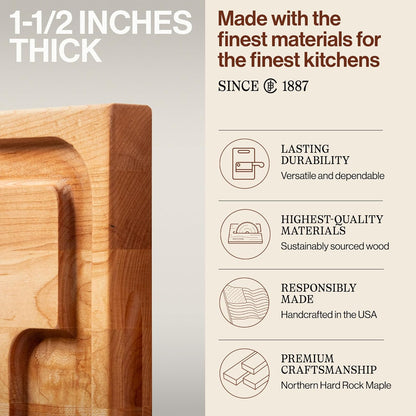John Boos Aujus Series Rectangular Wooden Maple Cutting Board 20”x15” – 1.5” Thick, 12-lb Reversible Butcher Block with Sloped Juice Groove, Edge-Grain & Finger Grips – Made in the USA
