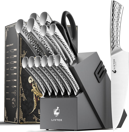 Livtek Kitchen Knife Set with Block: 15-Piece German Stainless Steel with Dual Sharpener for Cook Enthusiasts - Covers 95% Kitchen Tasks - Silver Full-Tang Ergonomic Handle, Dishwasher Safe, Gift Box