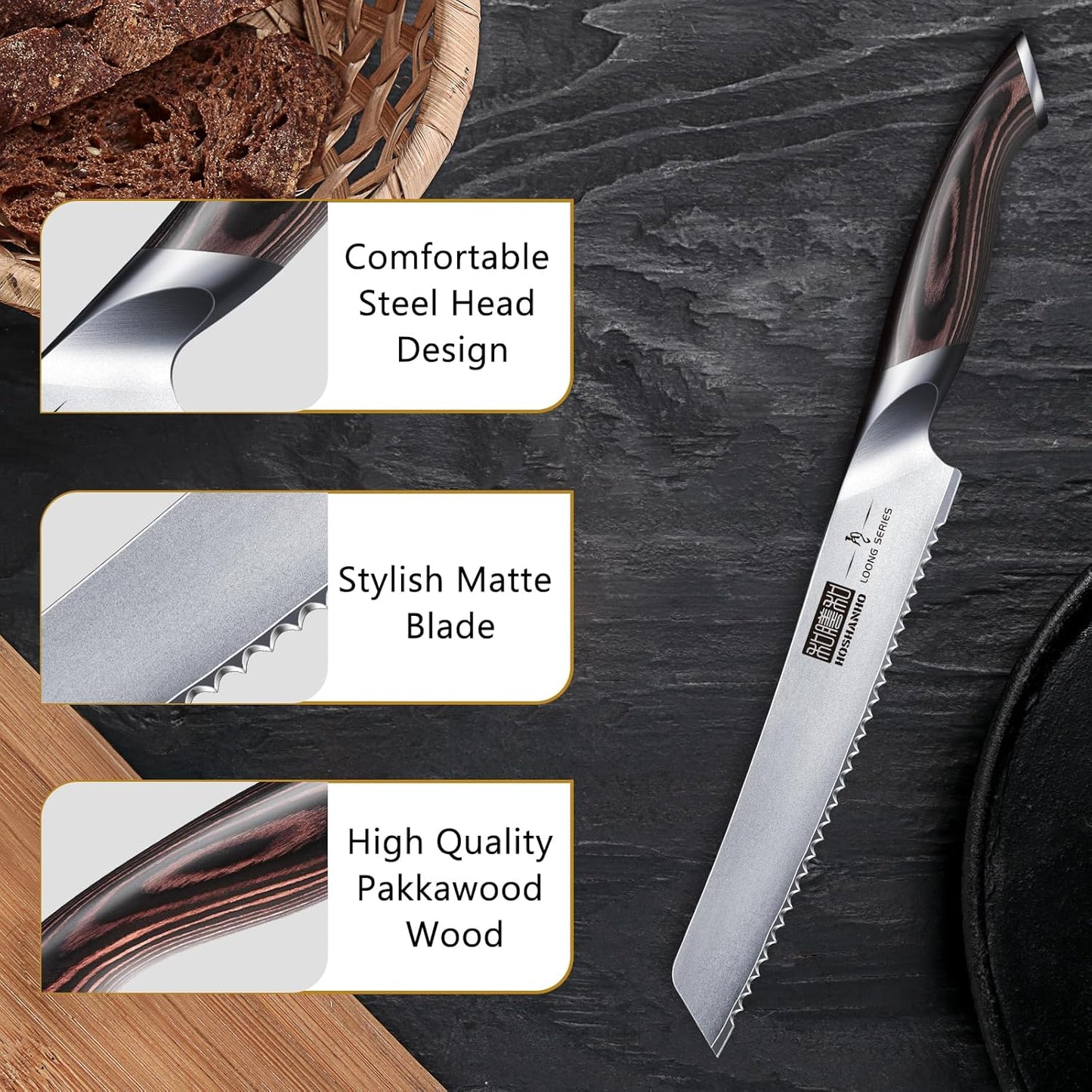 HOSHANHO Bread Knife 10 inch, Japanese High Carbon Stainless Steel Serrated Bread Knives, Professional Bread Cutting Knife for Homemade Bread