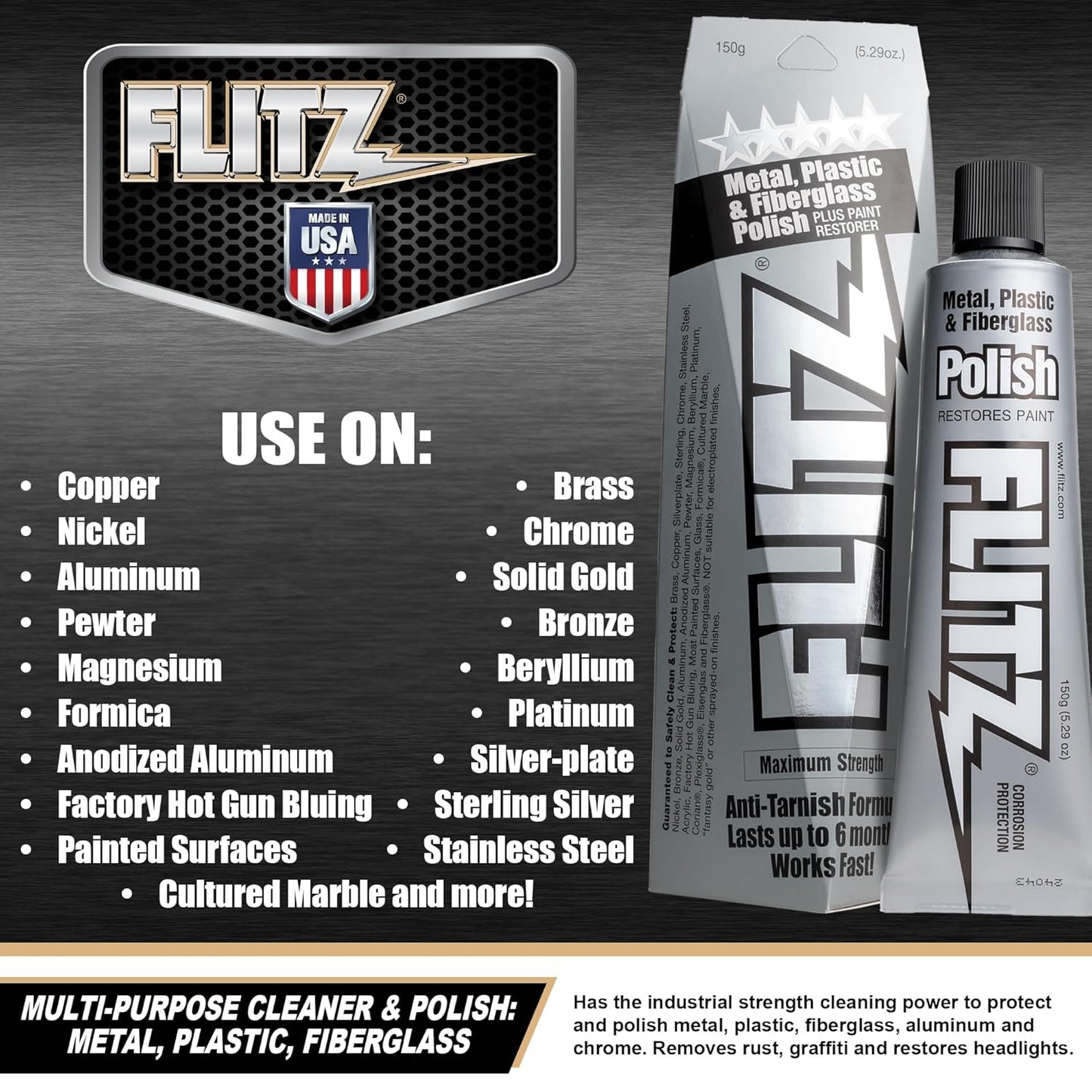 Flitz Metal Polish Paste - 5.29oz USA-Made Polish for Solid Chrome, Stainless Steel, & Aluminum - Non-Abrasive for Light Oxidation - Requires Manual Buffing - Not for Plated/Coated Surfaces (1 Pack)