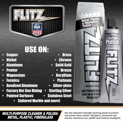 Flitz Metal Polish Paste - 5.29oz USA-Made Polish for Solid Chrome, Stainless Steel, & Aluminum - Non-Abrasive for Light Oxidation - Requires Manual Buffing - Not for Plated/Coated Surfaces (1 Pack)