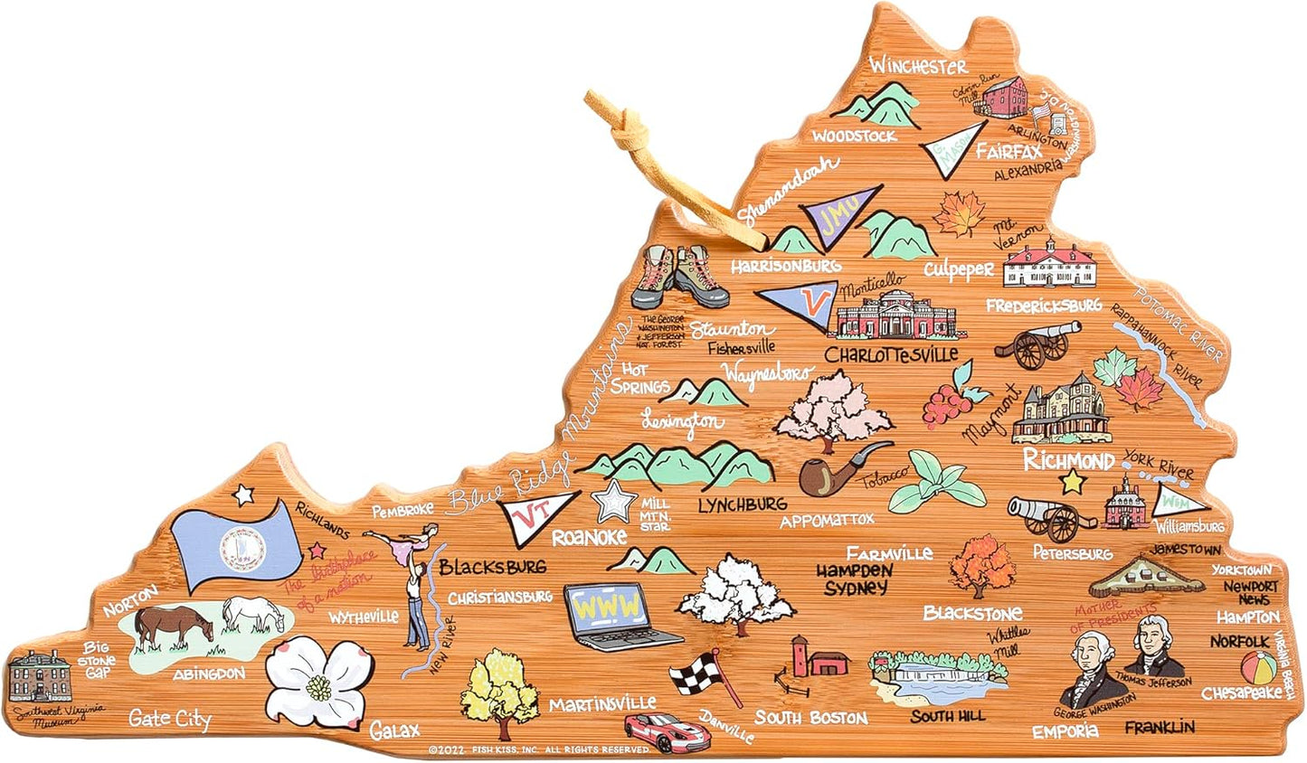 Totally Bamboo Tennessee State Shaped Cutting Board and Charcuterie Serving Platter with Artwork by Fish Kiss, Includes Hang Tie for Wall Display - Colors B