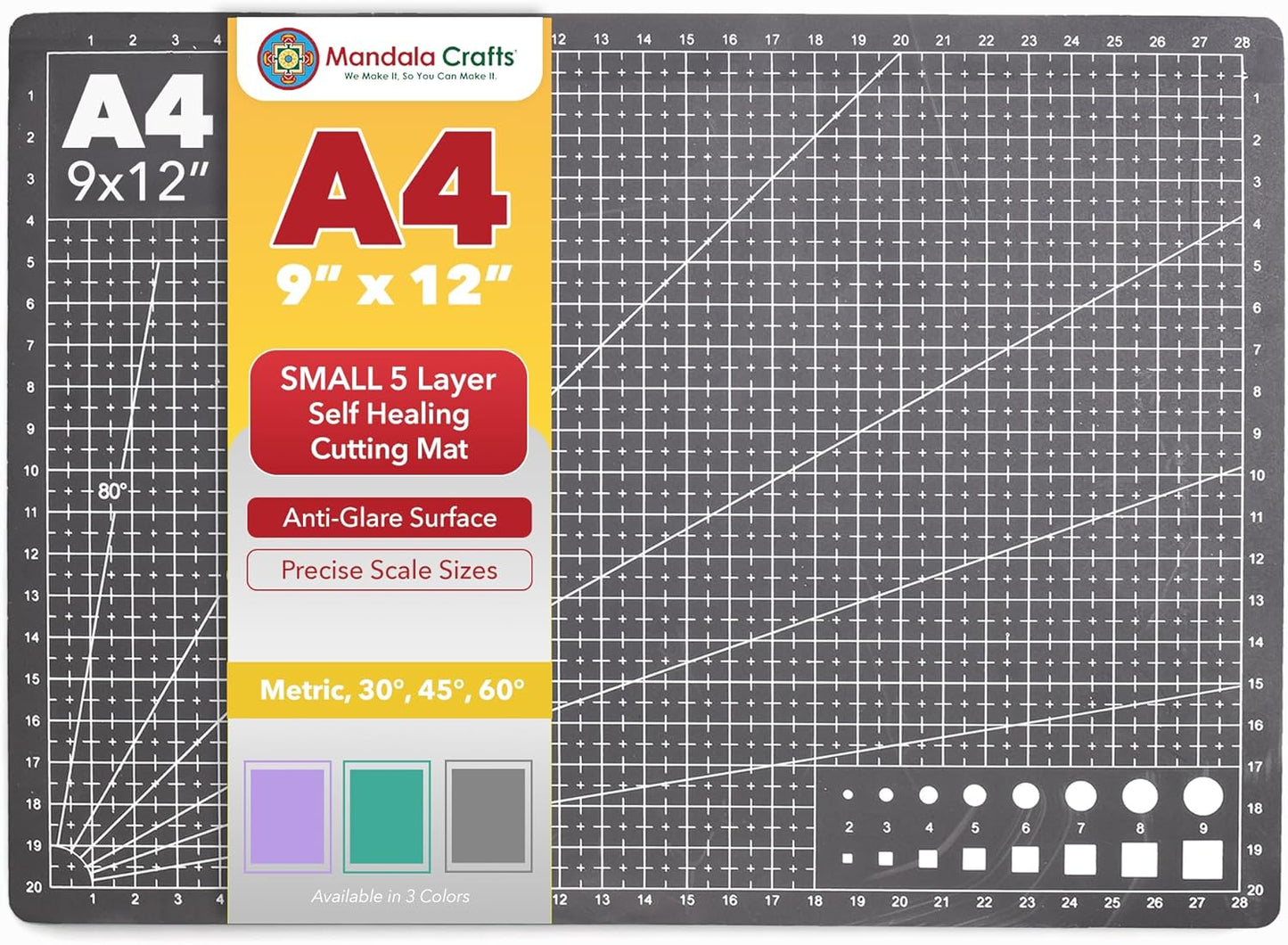 Mandala Crafts Self-Healing Cutting Mat Set – 12" x 18" A3 Green Double-Sided 5-Ply Mat with Fabric Cutter, Quilt Ruler & Craft Knife for Sewing, Quilting, Leather & Scrapbooking
