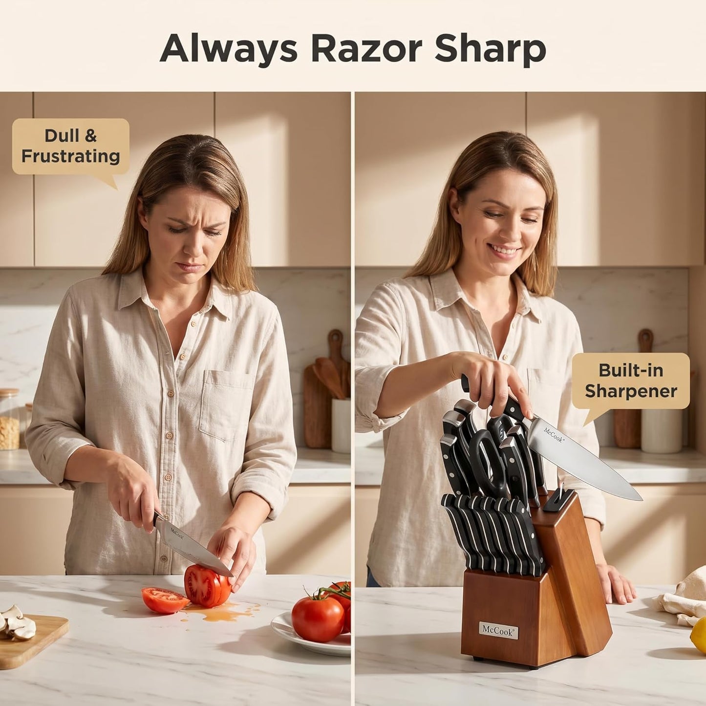 McCook® Knife Sets,German Stainless Steel Kitchen Knife Block Set with Built-in Sharpener