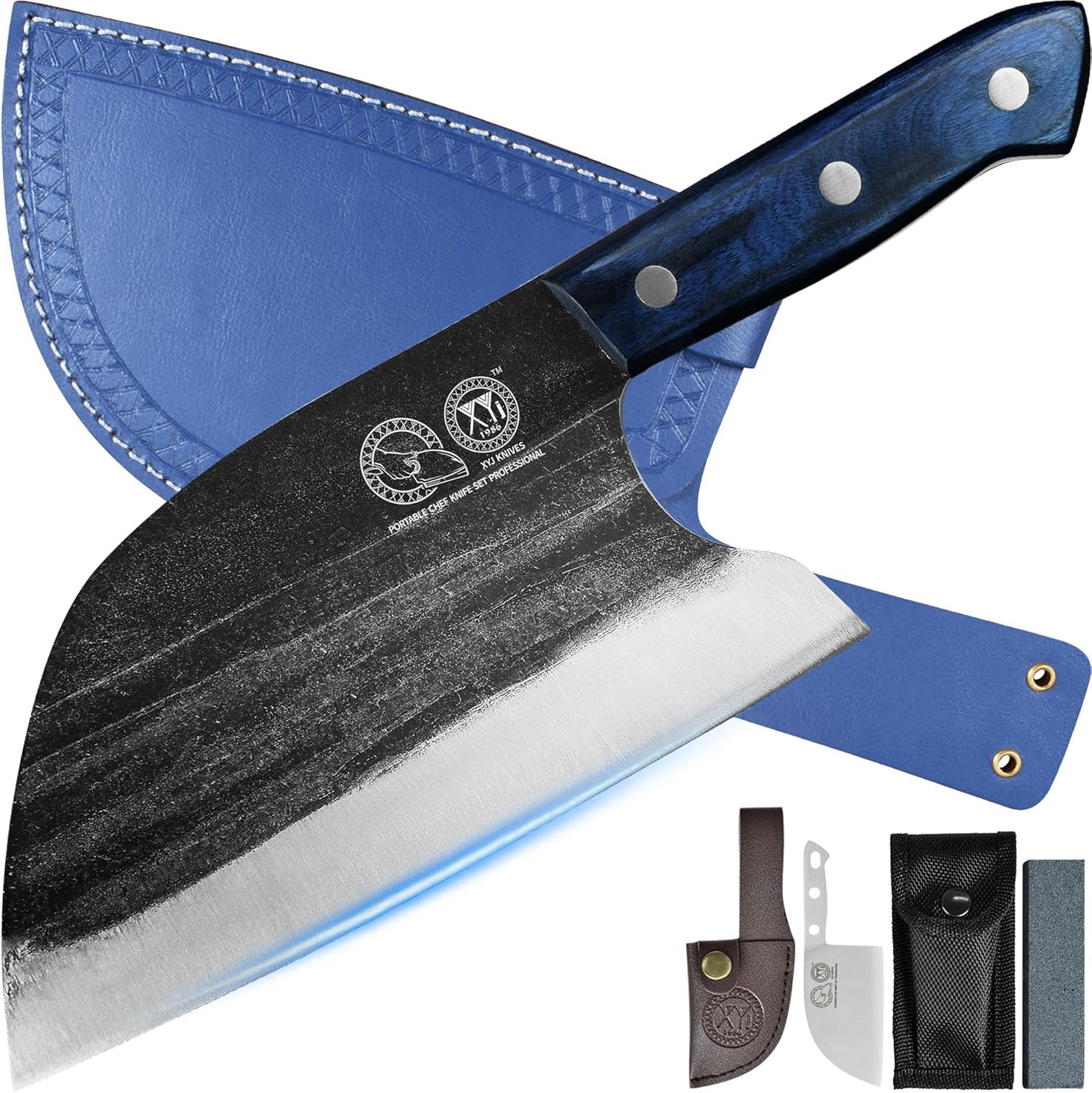 XYJ Authentic Since 1986,Outstanding Ancient Forging,6.7 Inch Full Tang,Serbian Chefs knife,Chef Meat Cleaver,Kitchen Knives,Set with Leather Sheath,Take Carrying,Butcher