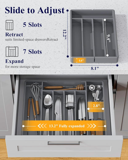 Kitsure Silverware Organizer for Drawers - Expandable Cutlery and Utensil Drawer Organizer with Easy Maintenance, Premium PP Kitchen Organizers and Storage for Flatware, Black, 13.2" x 12.2" x 1.6"