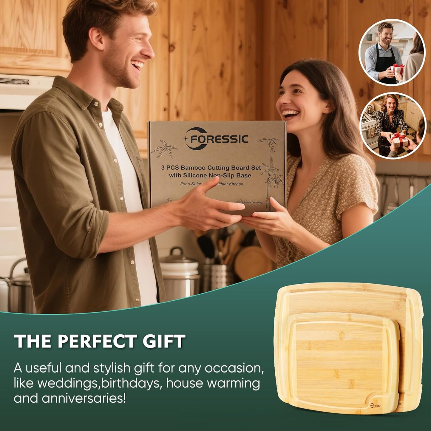Wood Cutting Board Carbonized Bamboo Set With Smooth Surface Set 4 Packs with Non Slip Feet Holder and Over Sink Solid Thick Durable Wood Charcuterie Cheese Serving Tray Kitchen Gadgets (Carbonized)