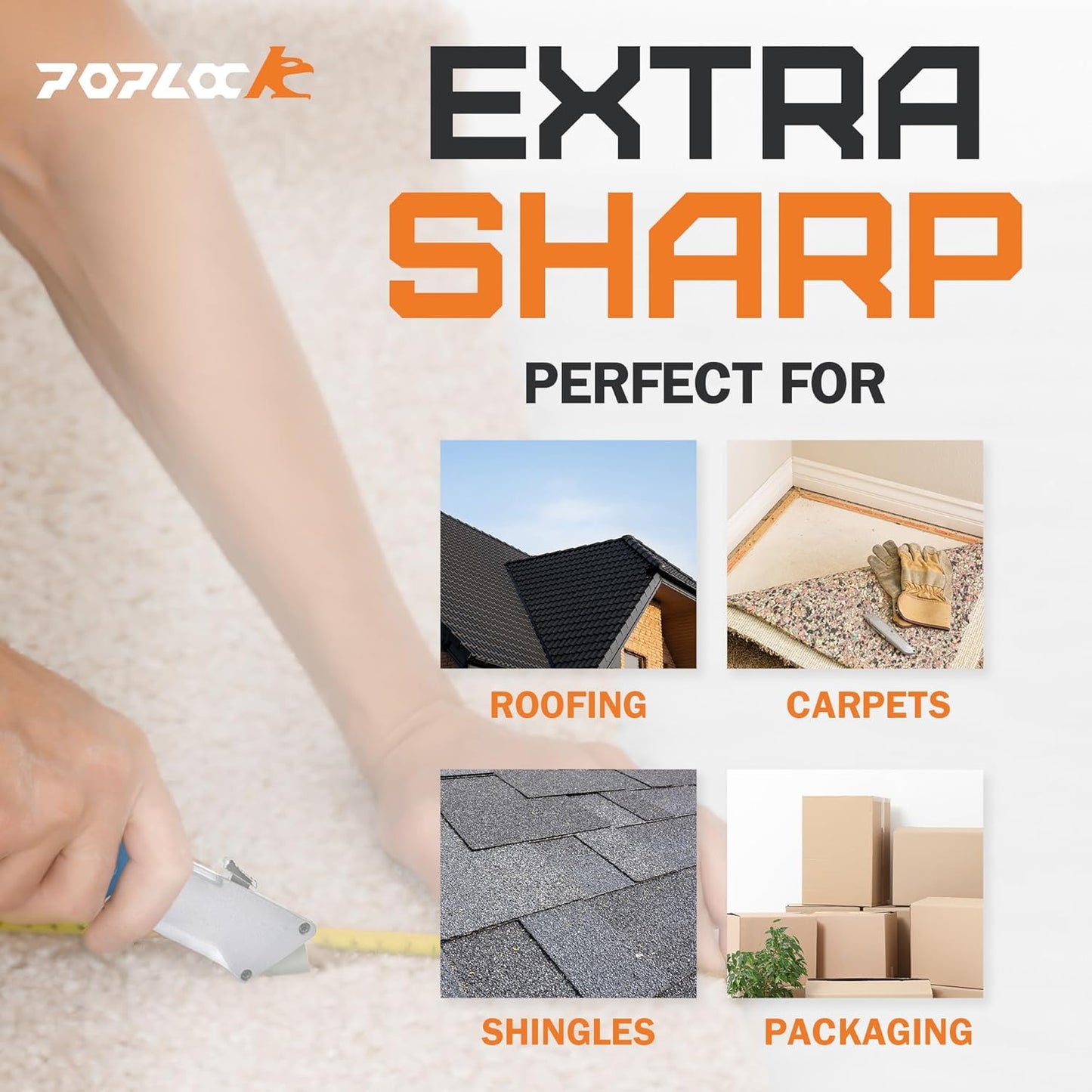 POPLOCK Hook Razor Blades for Utility Knife - 20 Pack SK2 Steel Hook Utility Knife Blades, R-Curve K-Hook Replacement Refills for Roofing, Drywall, Carpet, Cardboard Box Cutters - Two-Notch Compatible