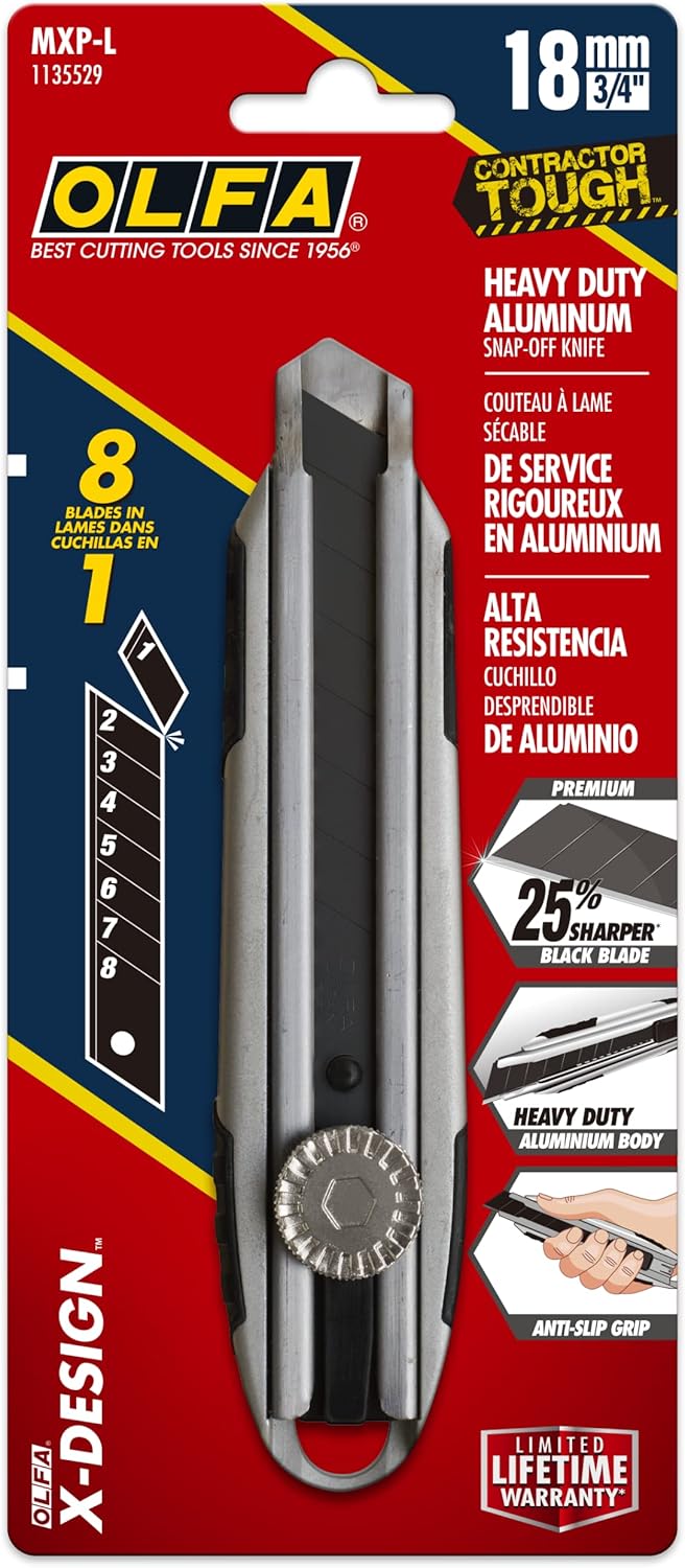 OLFA 18mm Heavy-Duty Utility Knife (MXP-L) - Multi-Purpose No-Slip Grip Precision Knife w/All Aluminum Handle & Snap-Off Blade, Custom Cutting Depth, Replacement Blades: Any OLFA 18mm Blade