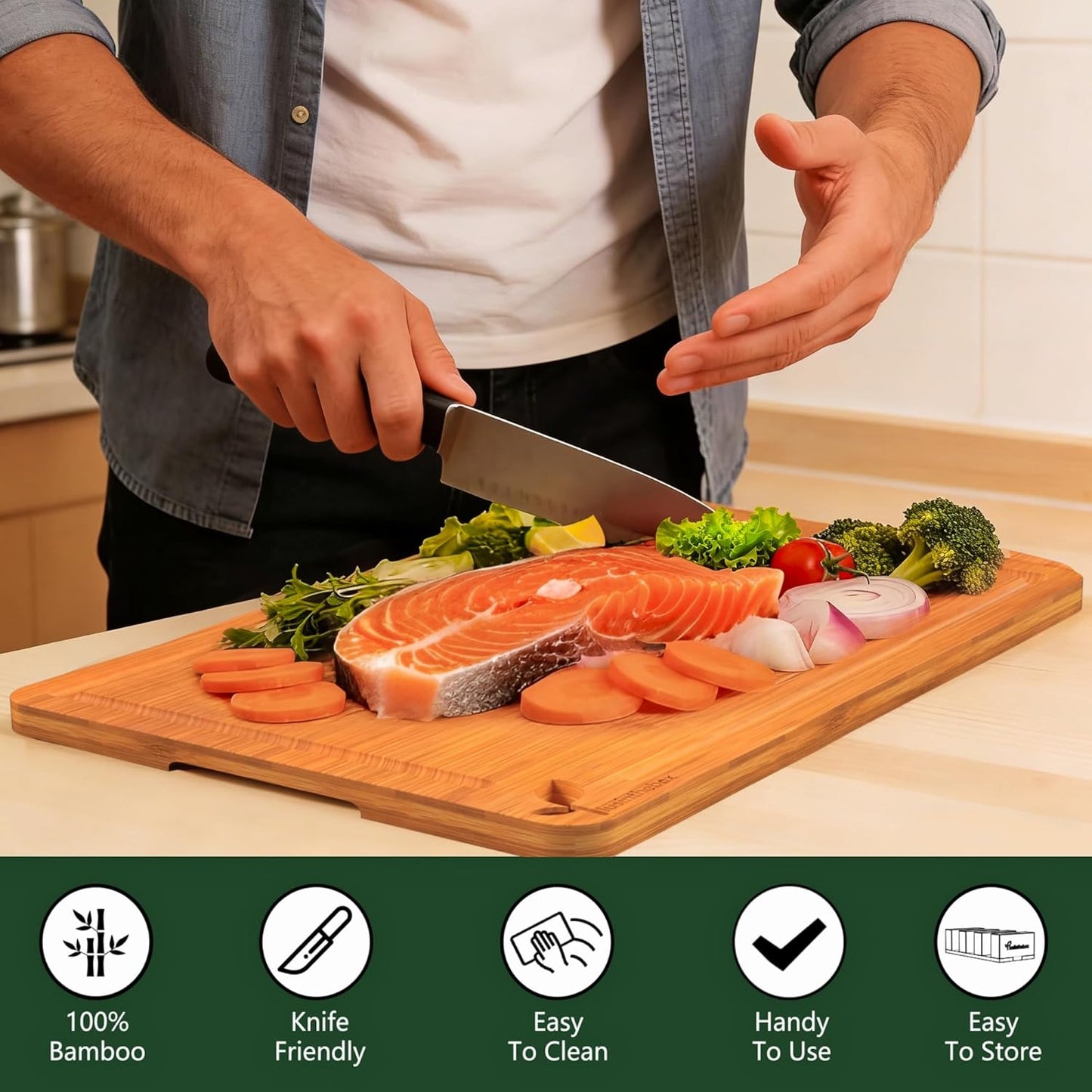 Cutting Boards for Kitchen, Bamboo Cutting Board Set of 3 with Storage Stand, Deep Carbonized Chopping Boards with Deep Juice Grooves and Side Handles for Meat, Vegetables, Fruit and Meal Prep