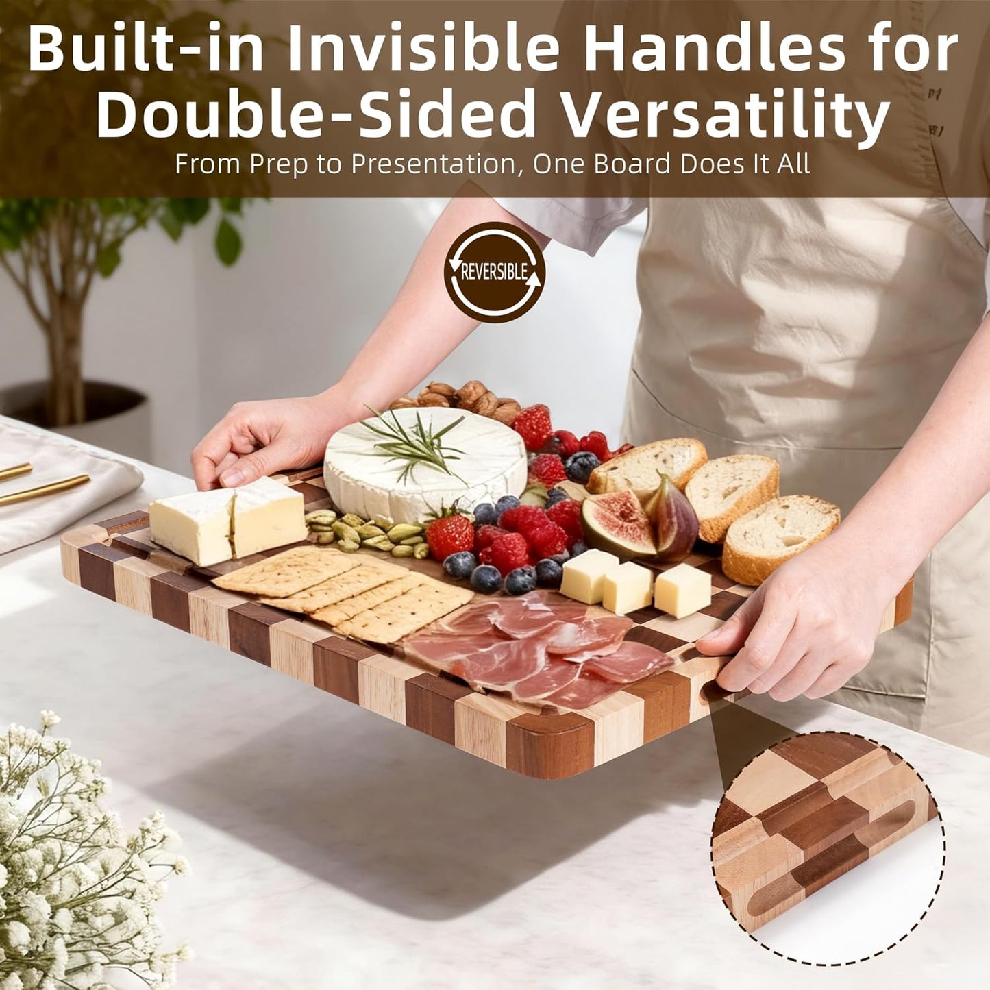 Checkered Cutting Board for Kitchen - Solid Wood End Grain Checkerboard Chopping Board with Handle & Juice Groove, Double Sided for Cooking, Serving and Decor, Rectangular 16" x 12" x 1"
