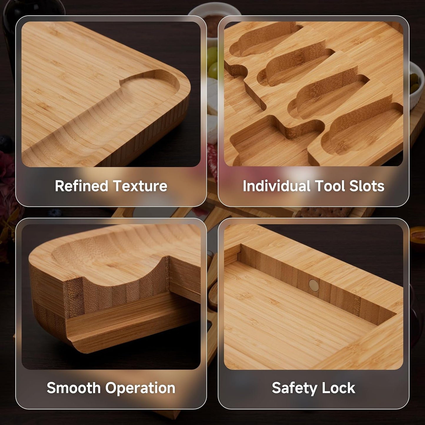 Premium Bamboo Charcuterie Board Set with Hidden Drawer & 4 Cheese Knives - 13x13 Large Cheese Board Serving Tray - Unique Housewarming Gifts for New Home, Wedding & Bridal Shower Gifts for Couples