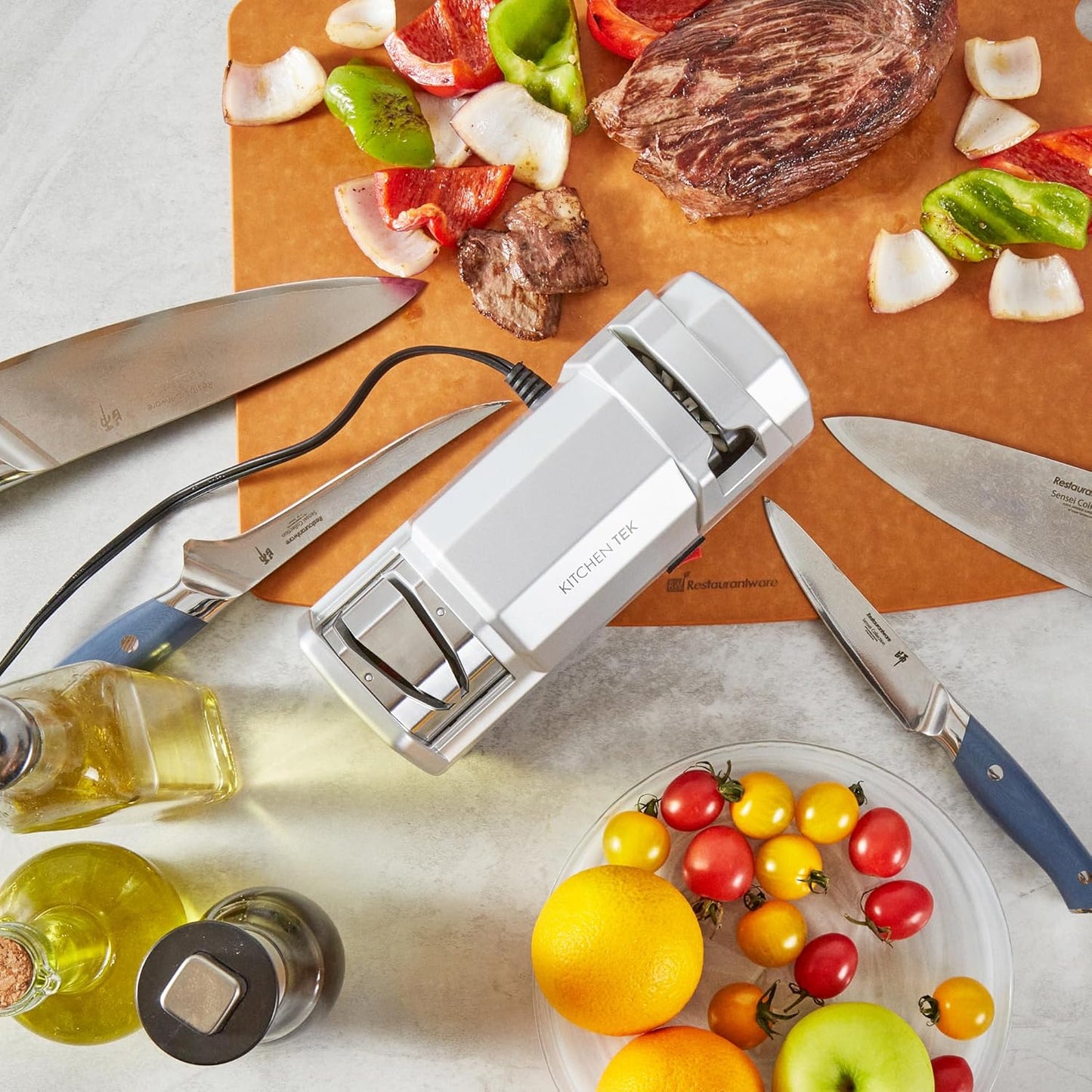 Restaurantware-Kitchen Tek 2-Stage Electric Knife Sharpener, 1 Straight-Edge Knife Sharpener With Diamond Grinding Wheel - 120 Voltage, Quick Sharpening, Gray Plastic, For Kitchen Knives