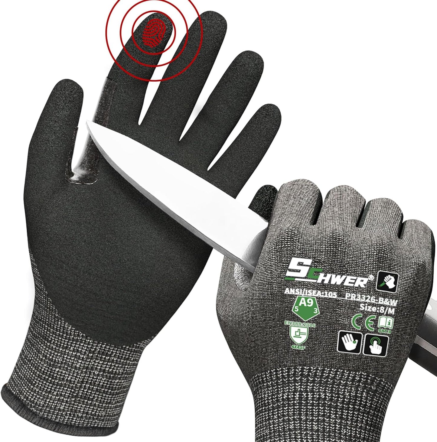 Schwer ProGuard High Level Cut Resistant Work Gloves PR3326 for Extreme Protection，ANSI A9 Cut Gloves with Reinforced Thumb, Non Slip, Breathable, Durable, Touch-screen, Black 1 Pair（XL）