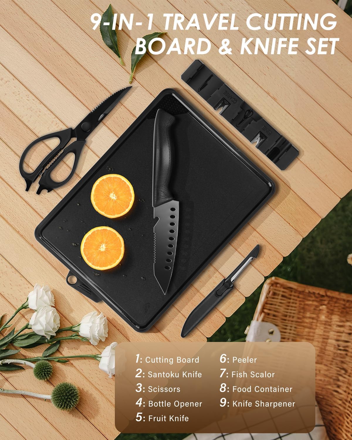 Mitsuharu 5 in 1 Camping Cutting Board Set with Santoku Knife,Separable Shears,Peeler & Slicing Knife and Sharpening Slots,Portable Camper Accessories Kitchen Set, Black