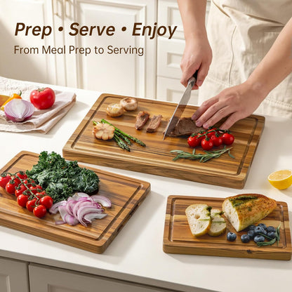 THETCHRY Teak Wood Cutting Boards for Kitchen, Wooden Cutting Board with Handles, Wooden Chopping Board with Juice Groove, Charcuterie Butcher Block for Meal Prep & Serving, 12.9" x 9.8"