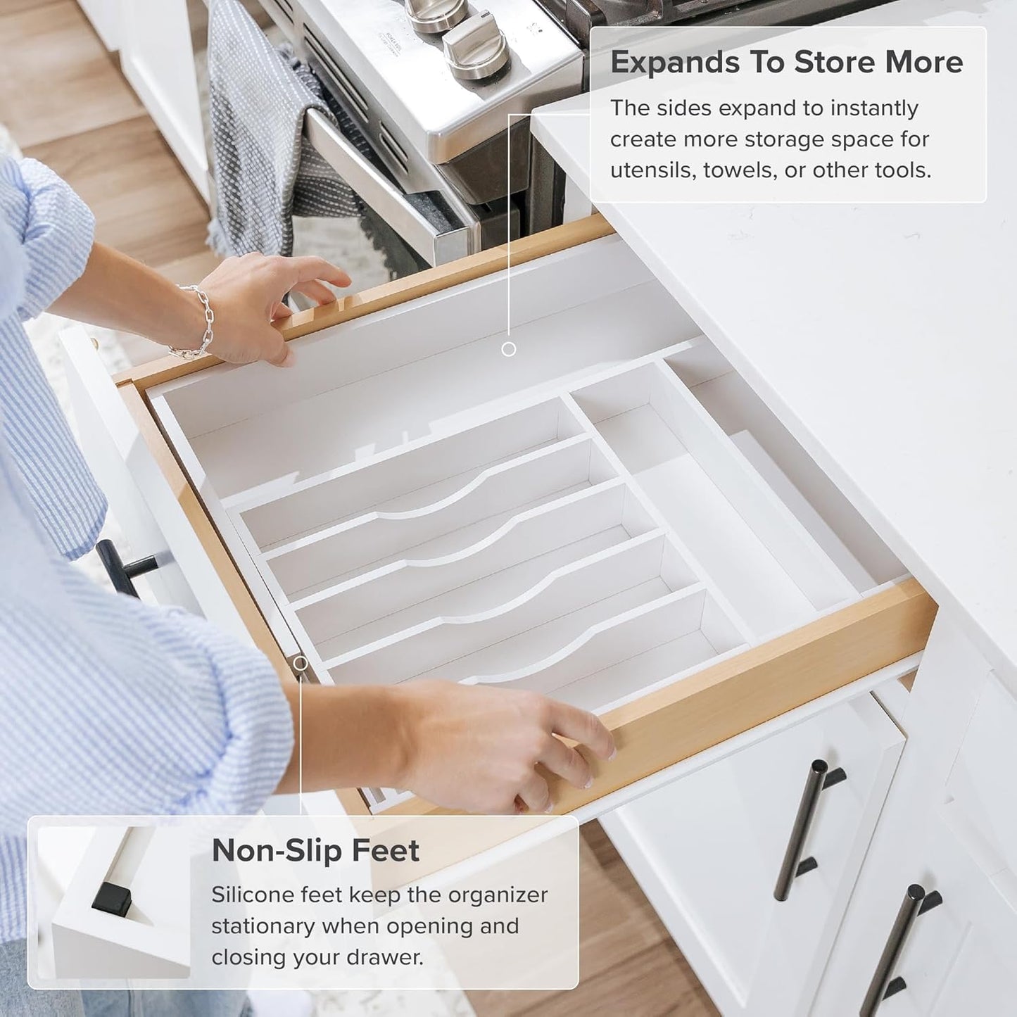 KitchenEdge Premium Silverware, Flatware and Utensil Organizer for Kitchen Drawers, Food-Safe Contract Grade, Expandable from 18 to 33 In, Natural Bamboo