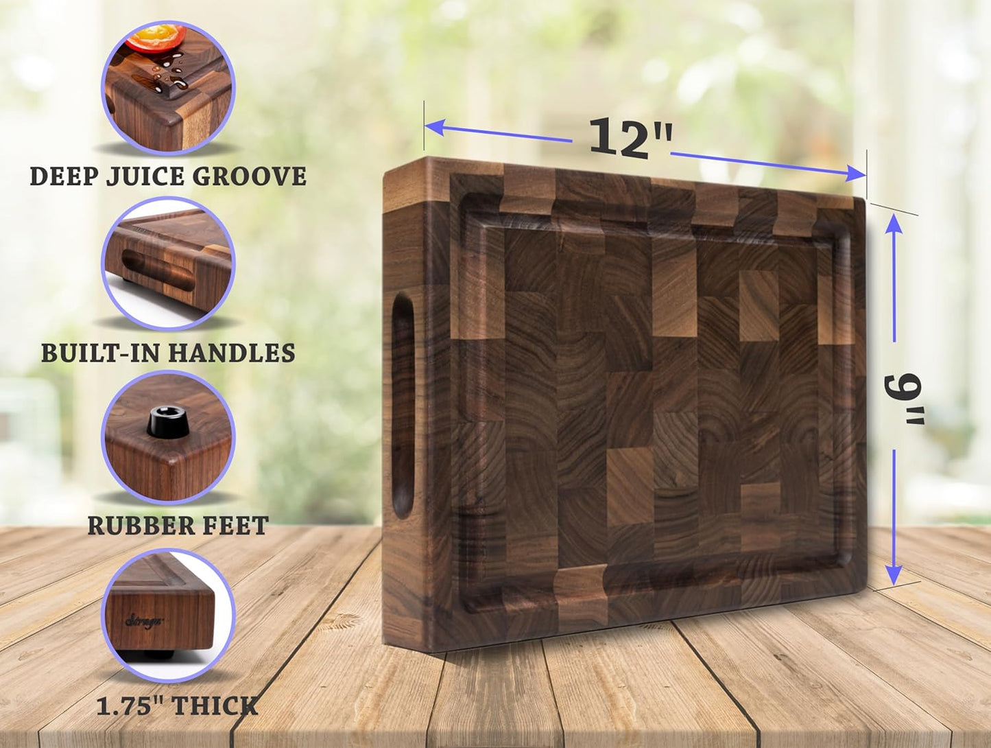 Straga Handmade Reversible End Grain Mahogany Heavy-Duty Chopping Block with Non-Slip Feet, Deep Juice Groove, Built-in Handles - Ideal for Cutting Meat, Cheese, Vegetables (12" x 9", Mahogany)