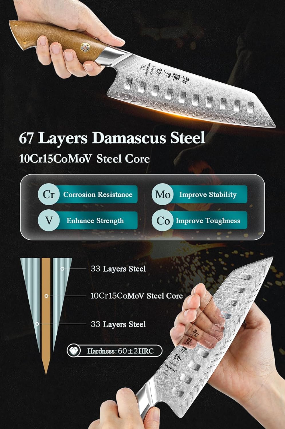 HEZHEN Damascus Chef Knife, 8.5 Inches, 67 Layers Damascus Steel, Professional Japanese Kitchen Knife for Chefs and Home Cooking, Ultra-sharp Blade with Linen Micarta Handle, Gift Packing