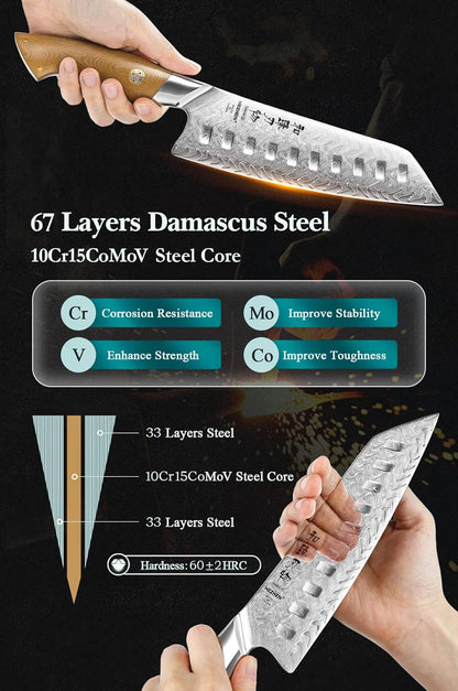 HEZHEN Damascus Chef Knife, 8.5 Inches, 67 Layers Damascus Steel, Professional Japanese Kitchen Knife for Chefs and Home Cooking, Ultra-sharp Blade with Linen Micarta Handle, Gift Packing