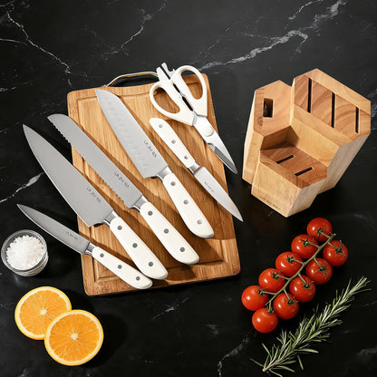 14-Piece Kitchen Knife Set with Detachable Block, High Carbon Stainless Steel Dishwasher Safe Knives, Includes Chef, Santoku, Bread, Steak Knives for Home Kitchen,White