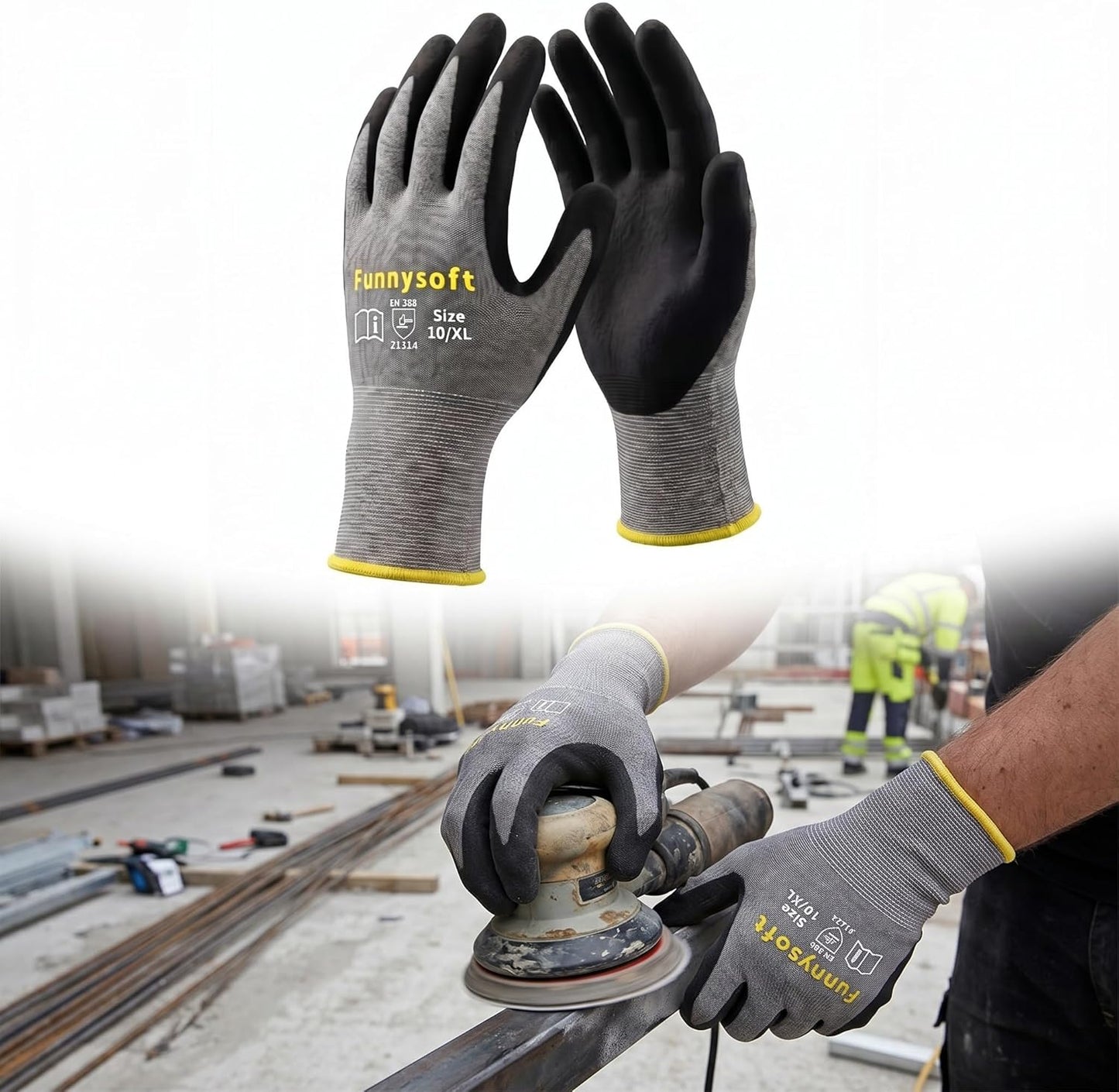 16 Pairs Work Gloves MicroFoam Nitrile Coated Seamless Knit Nylon, Palm & Fingers Cut-Resistant, Warehouse Gloves for Auto Garden Mechanics Outdoor Construction (Brown Cuff,XL)