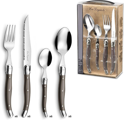 Amefa Silverware Set - 24-Piece, Anthracite Grey Tableware - Stainless Steel Flatware Set with Forks & Spoons & Grapefruit Knives - Rust-Resistant, Dishwasher Safe Utensils