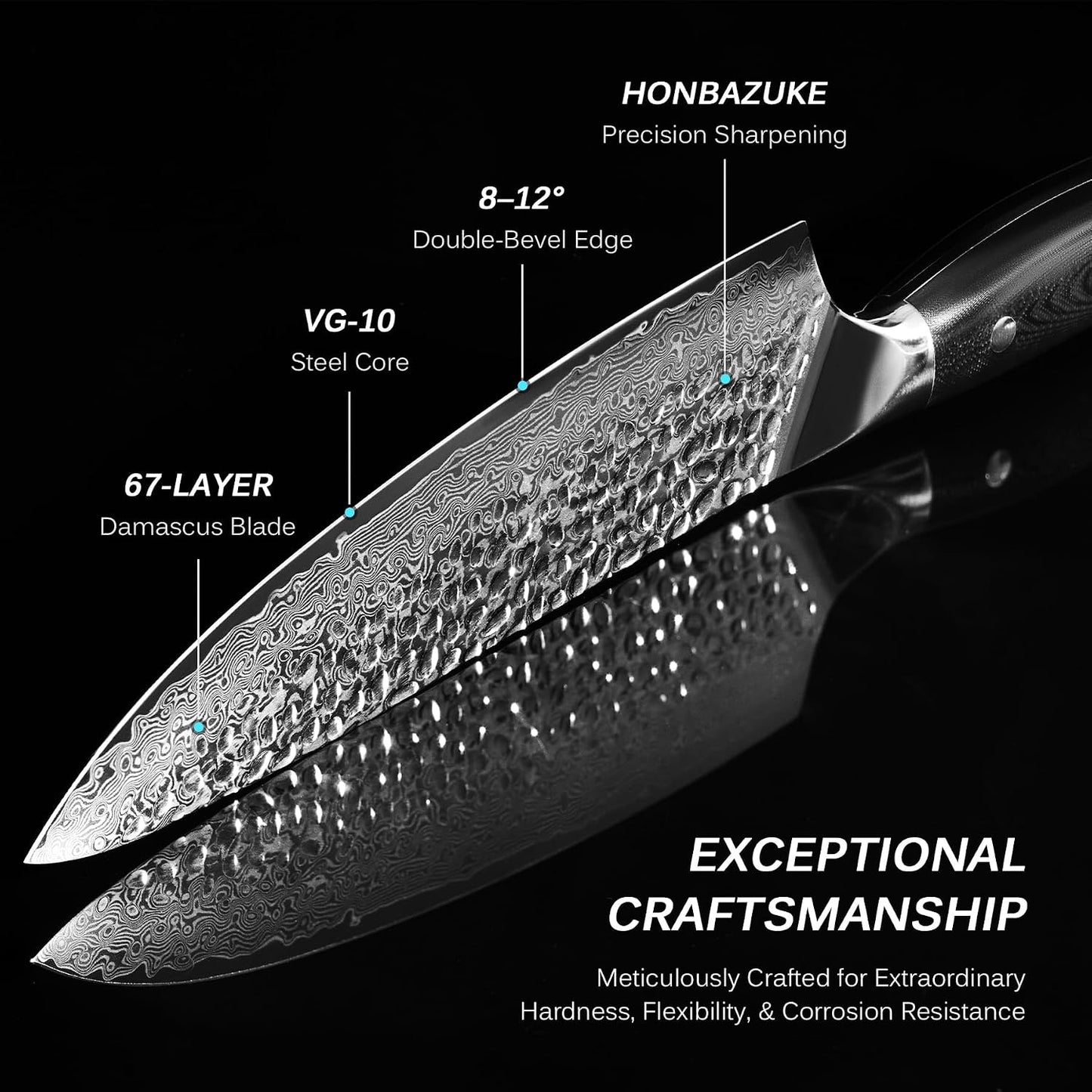 KYOKU Chef Knife - 8"- Shogun Series Japanese Style VG10 Steel Core Hammered Damascus Blade Kitchen Knife - with Sheath & Case