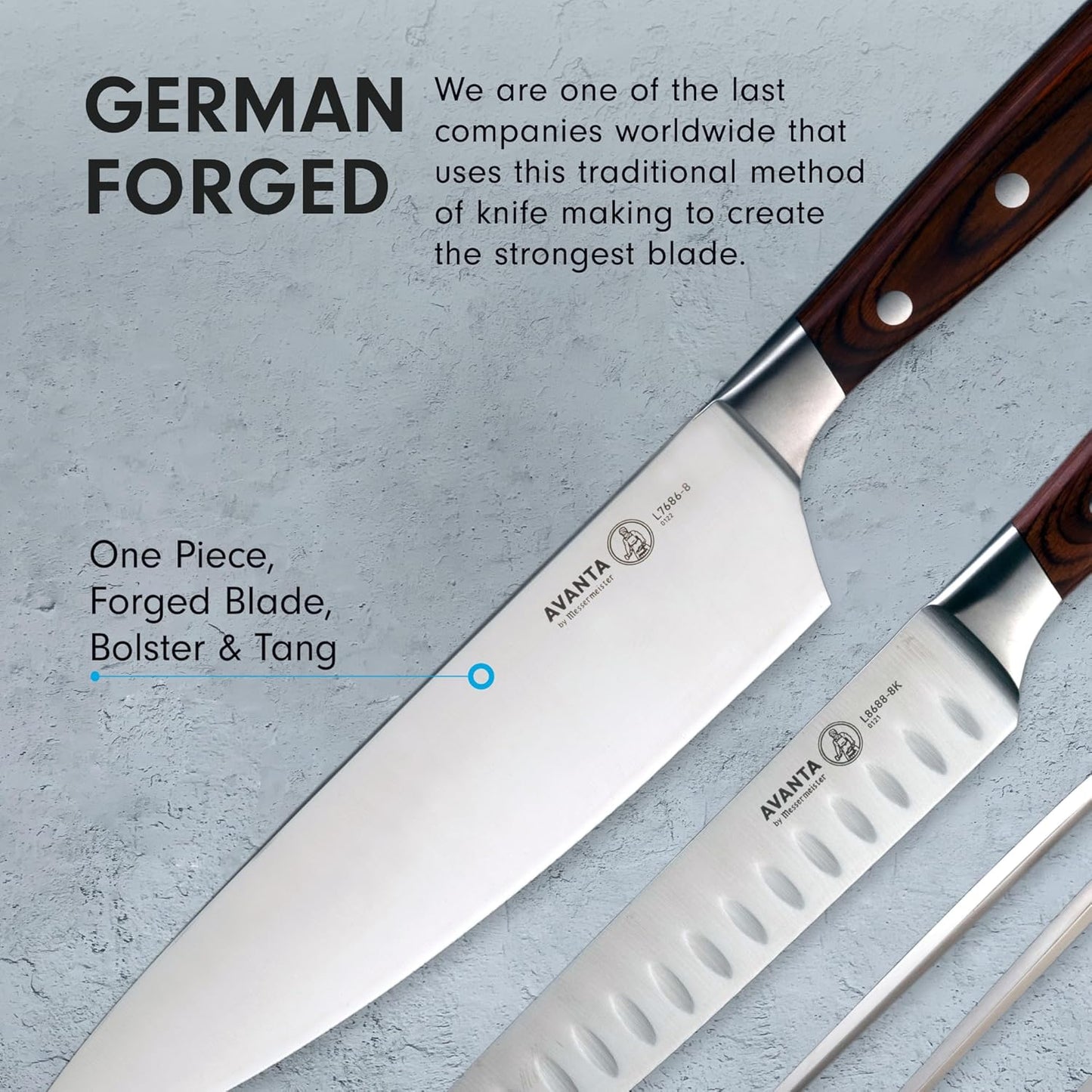 Messermeister Avanta Damascus 10-Piece Ebony Pakkawood Knife Block Set - Japanese Damascus Stainless Steel - 4 Speciality Knives, Heavy-Weight Fork, 4 Steak Knives & Magnetic Knife Block