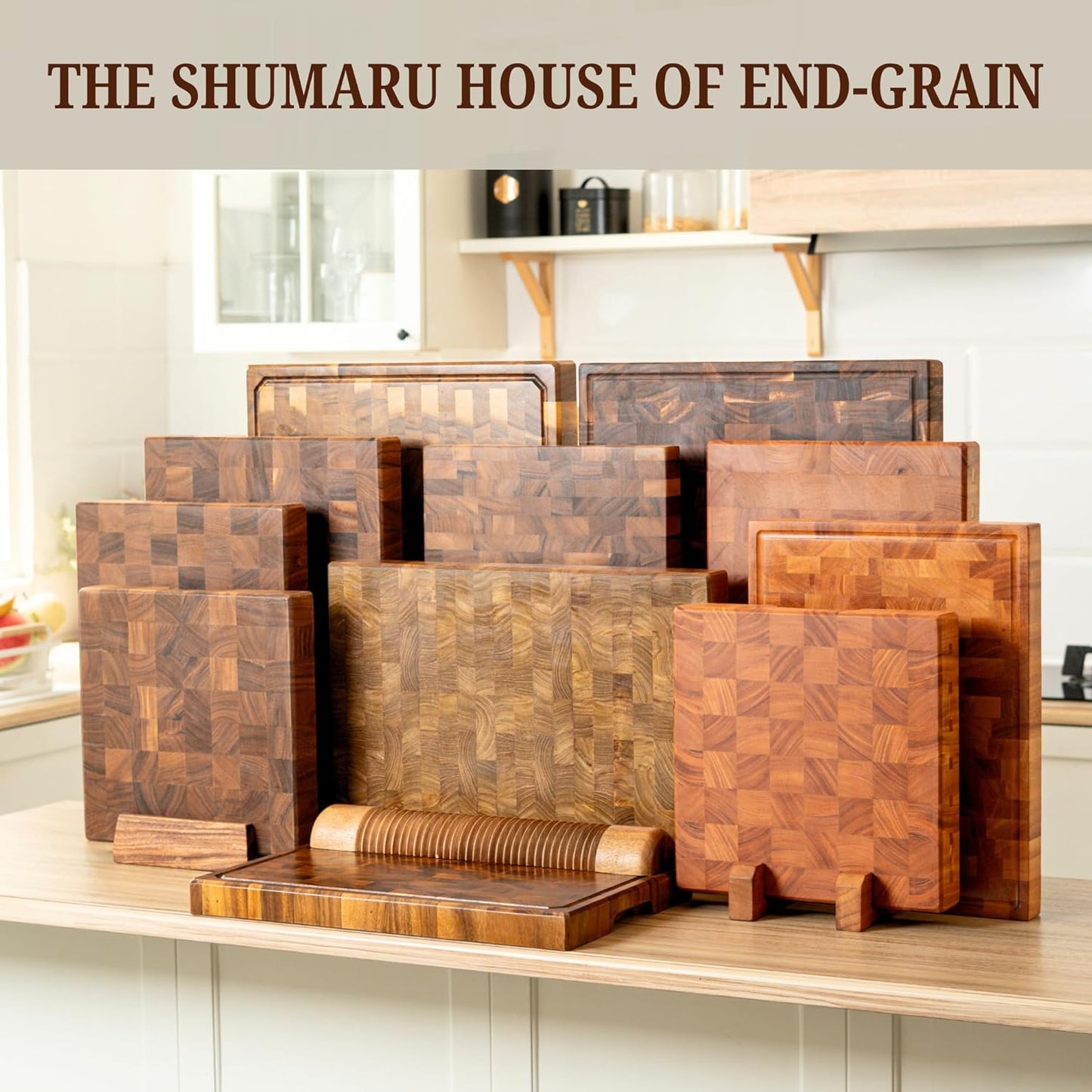 SHUMARU Mahogany End Grain Cutting Board, 17×13×1.6 in – Handmade Butcher Block, Knife-Friendly, Juice Groove, Non-Slip Feet