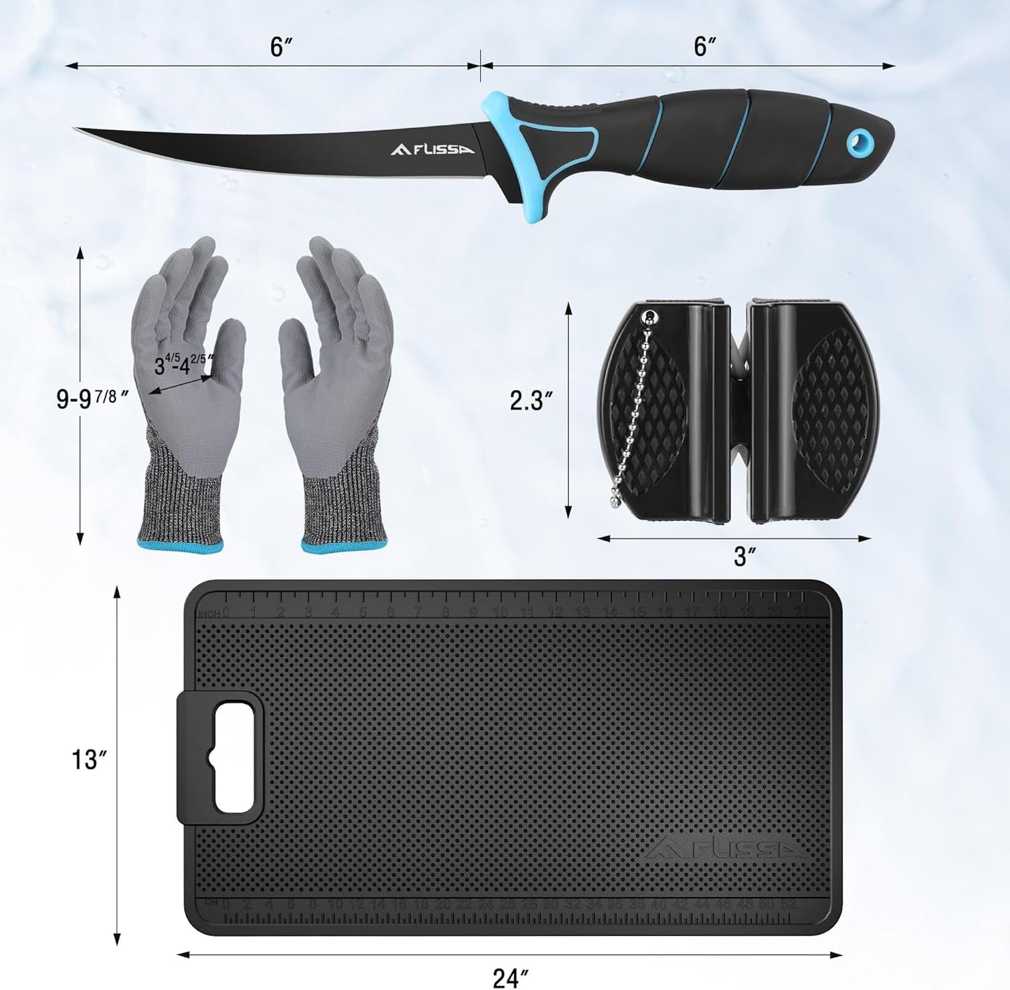 FLISSA 4PCS Fish Fillet Set with 6" Fillet Knife, 24"*13" Non-Slip Fish Fillet & Cleaning Mat, Knife Sharpener and Cut Resistant Gloves, Fish Cleaning kit for Easy Fish Cleaning, Filleting and Cutting