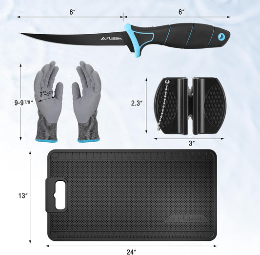 FLISSA 4PCS Fish Fillet Set with 6" Fillet Knife, 24"*13" Non-Slip Fish Fillet & Cleaning Mat, Knife Sharpener and Cut Resistant Gloves, Fish Cleaning kit for Easy Fish Cleaning, Filleting and Cutting