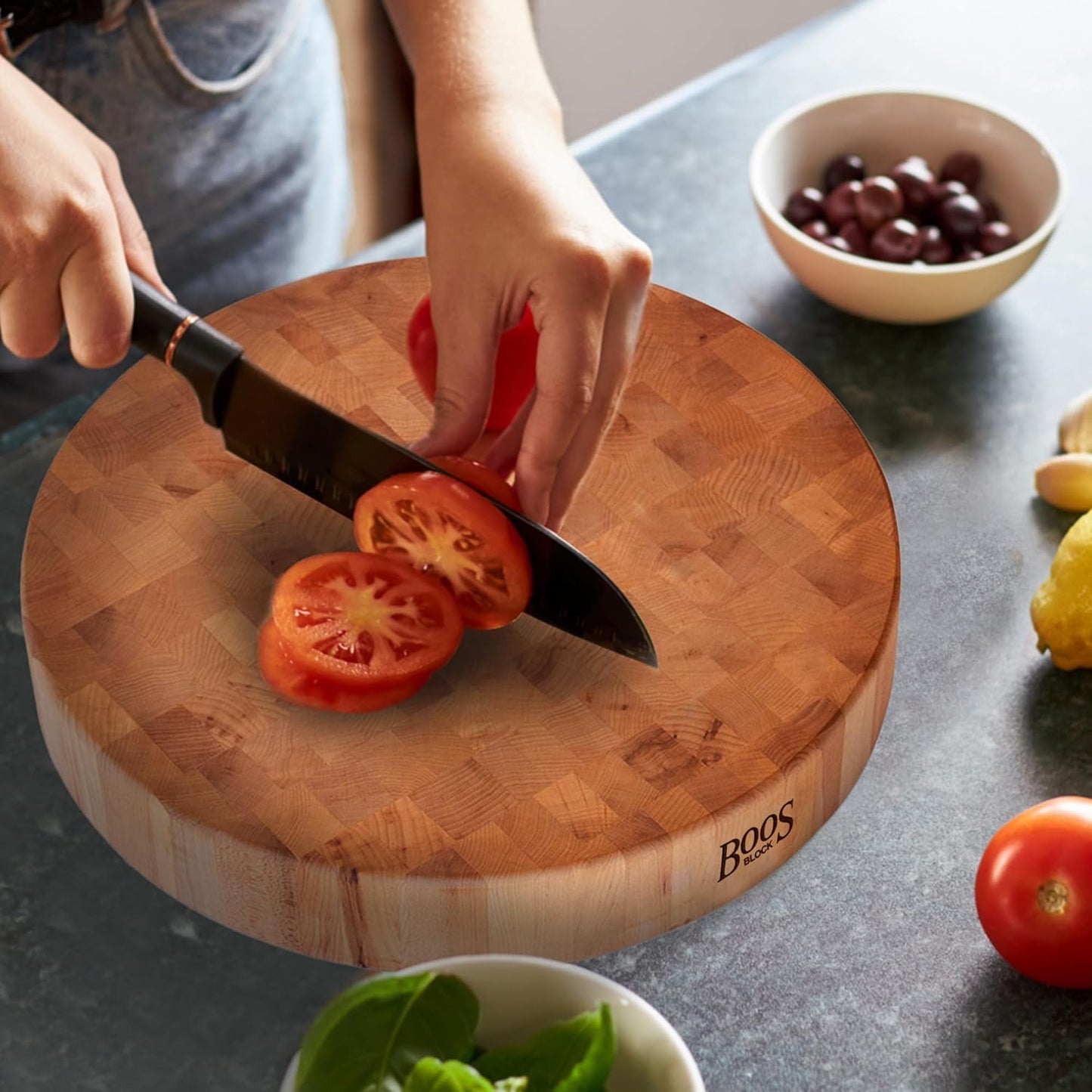 John Boos CCB Series Round Wooden Maple Cutting Board 18”x18” – 3” Thick, 22-lb Non-Reversible Butcher Block with End-Grain – Made in the USA