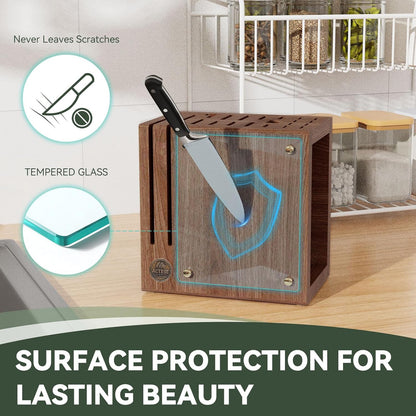 Magnetic Knife Block with Glass Cover, Universal Walnut Wood Knife Holder without Knives for Safe Knife Storage, Large Capacity Knife Storage Organizer for Kitchen Counter Top