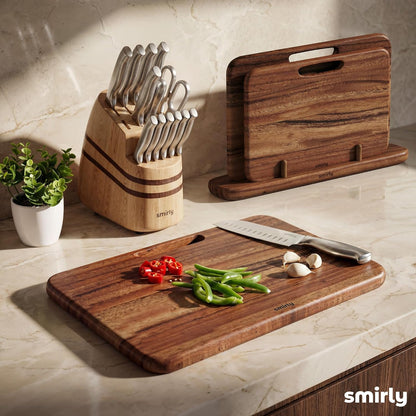 SMIRLY Wooden Cutting Boards for Kitchen, Double-Sided Cutting Board with Handle, Heavy Duty Solid Acacia Wood Cutting Board Set with Stand, 3 Pcs Cutting Boards Non Toxic for Meat Vegetable Fruit