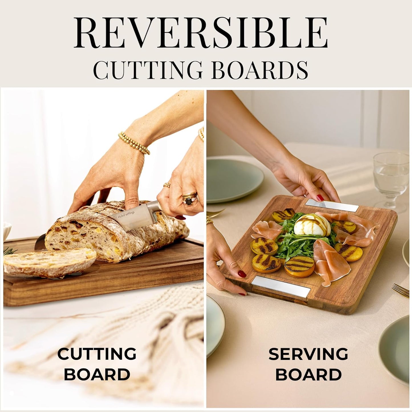 Acacia Wood Cutting Board Set with Holder – 4 Piece Wooden Cutting Board Set with Stand – Reversible Charcuterie Tray with Juice Grooves and Gold Handles – Stylish Kitchen Gift