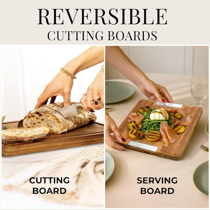 Acacia Wood Cutting Board Set with Holder – 4 Piece Wooden Cutting Board Set with Stand – Reversible Charcuterie Tray with Juice Grooves and Gold Handles – Stylish Kitchen Gift