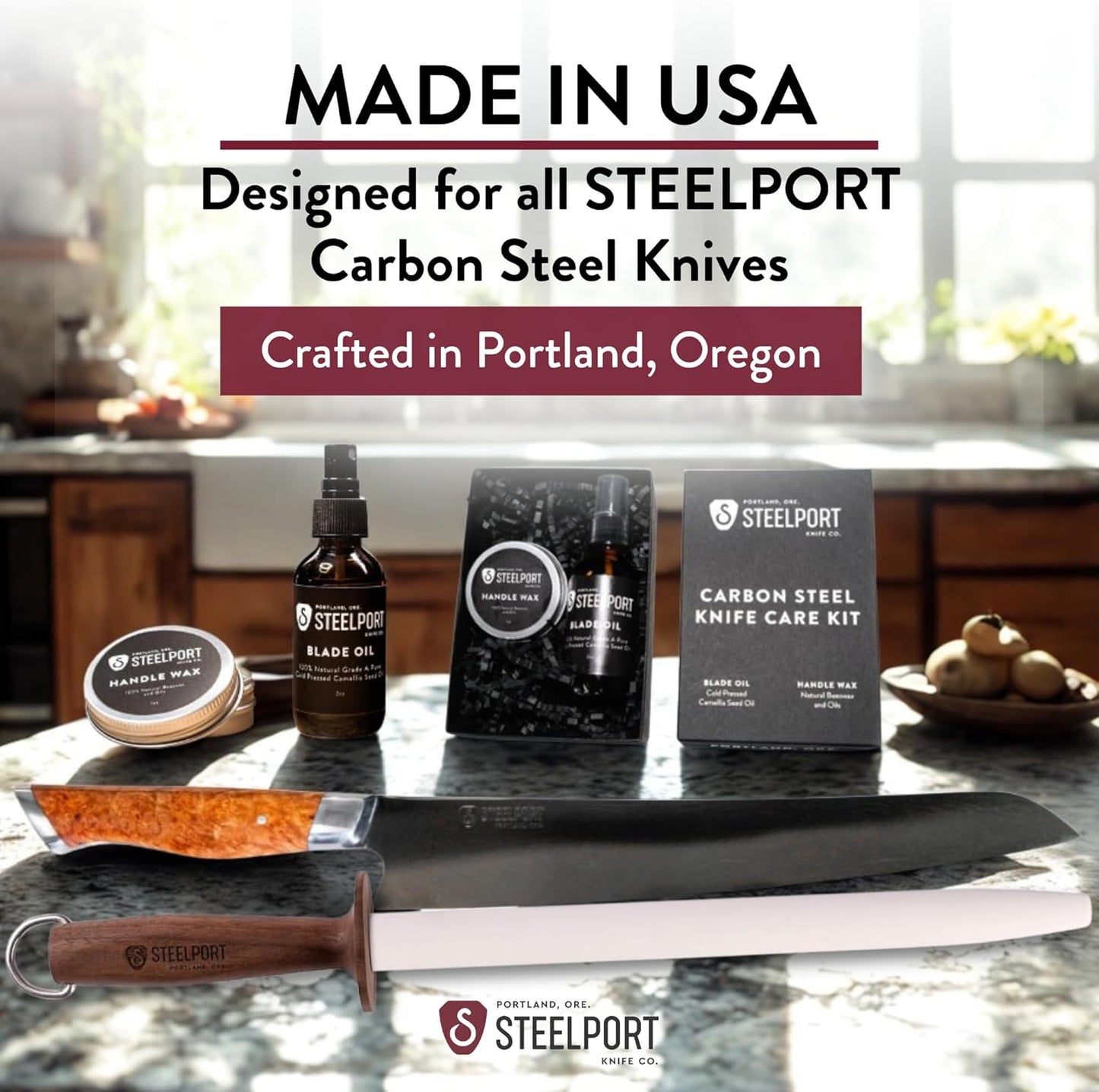 STEELPORT Knife Maintenance Gift Set | 12” Oval Ceramic Honing Rod, Carbon Steel Knife Care Kit (Camellia Oil, Handle Wax) | USA Made Professional Blade Maintaining, Wood Conditioning Oil, Wax Set