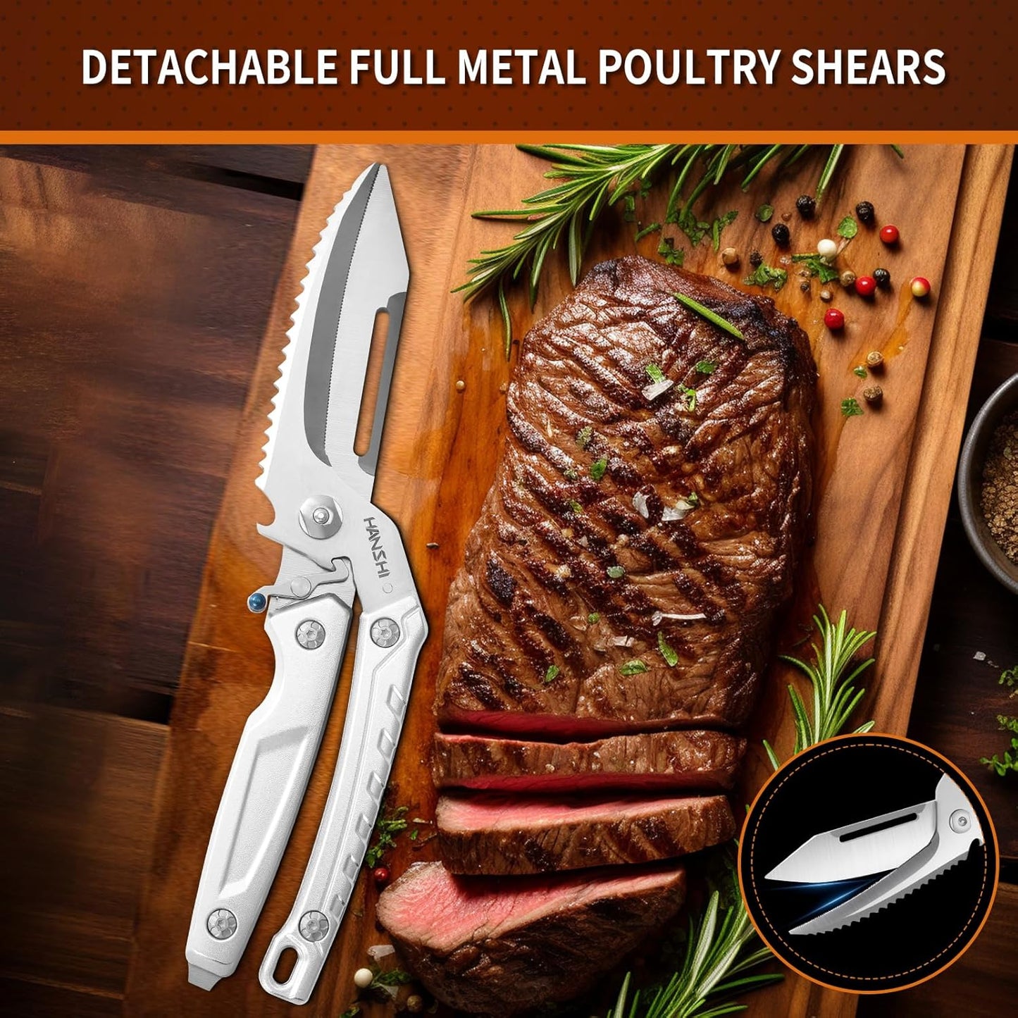 HANSHI Detachable Poultry Shears for Food Cutting Heavy Duty Stainless Steel Kitchen Scissors for Chicken, Bone, Meat, Turkey, Fish,Multi Purpose Scissor for Cooking (Silver)
